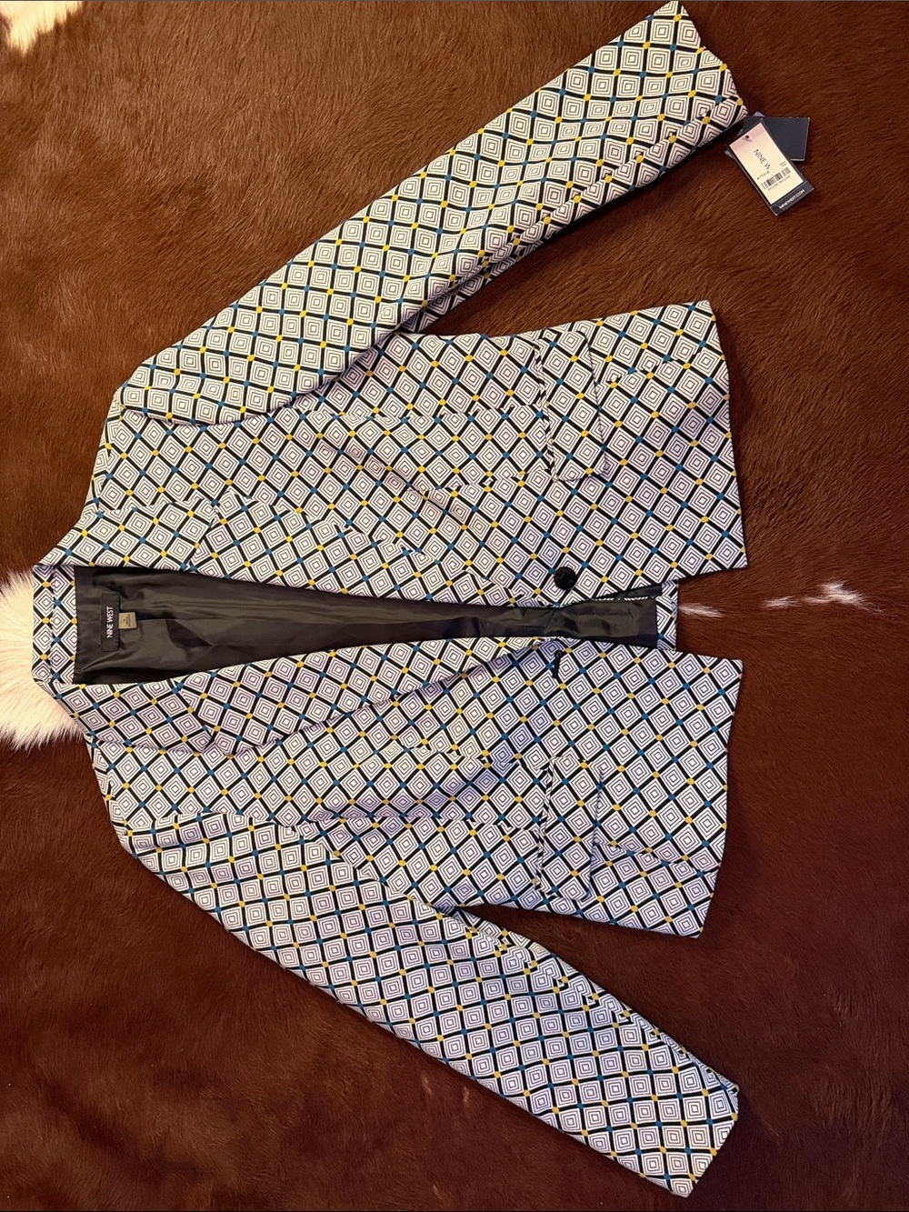 Nine West Geometric Pattern Black White & Gold Blazer